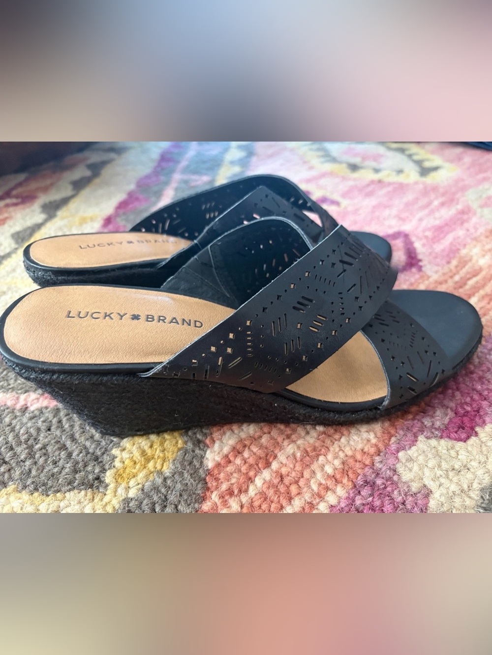 LUCKY BRAND Black Perforated Crossover Wedges